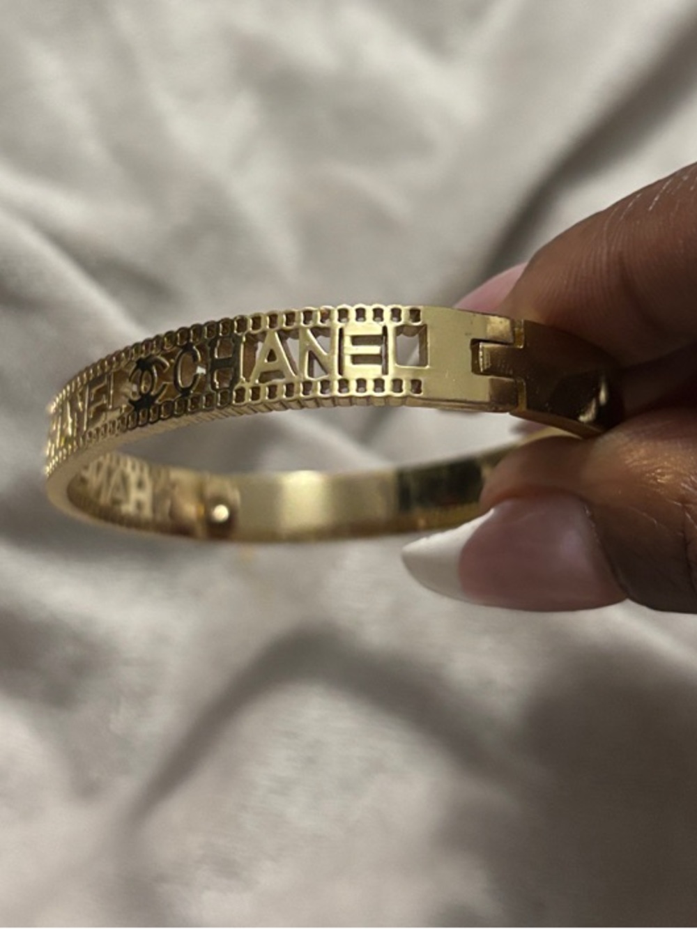 CHANEL Inspires Gold-Tone Cutout Logo Bangle Bracelet - Picture 3 of 5